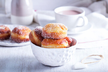 Donuts with sugar and cinnamon served with cocoa. Traditional dessert for Carnival. - 754312599