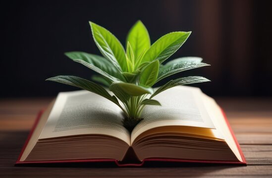 An open book lies on the table and plants that grow from book pages . World book's day concept.