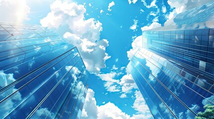 reflective glass skyscrapers and office building blue sky and clouds background banner illustration 