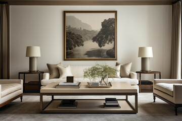A scene of understated elegance unfolds in the living room, featuring two beige sofas and an antique wooden table. An empty frame invites personalization.