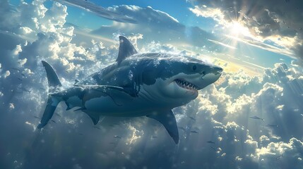 Majestic Shark Soaring Through Fluffy Clouds Basked in Sun Rays - obrazy, fototapety, plakaty