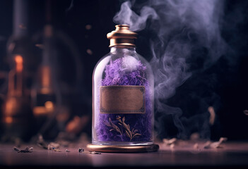 Generative AI, A bottle of essential oil with fresh lavender twigs withh smoke on dark background, herbal oil and flowers