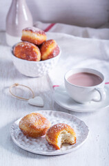 Donuts with sugar and cinnamon served with cocoa. Traditional dessert for Carnival. - 754312798