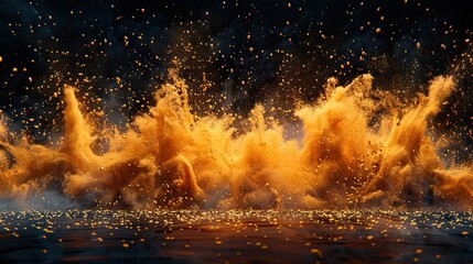 sand explosion with splashes of golden colored sand against a dramatic dark background beautiful...