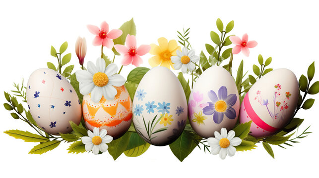 Colorful Easter Eggs and Flowers Decoration. Illustration on White Background