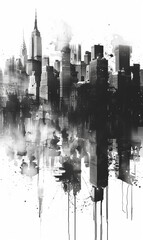 Black and white monochrome city skyline building abstraction on white vertical background