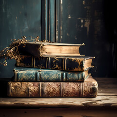 Rustic old books on a vintage wooden table.