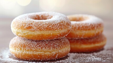  three sugar covered doughnuts stacked on top of each other on a table with powdered sugar on the top of the doughnuts.
