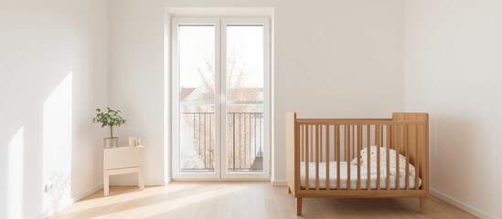 A small bedroom in a contemporary apartment featuring a white color scheme, a wooden crib with no bedding, and a window with natural light streaming in.