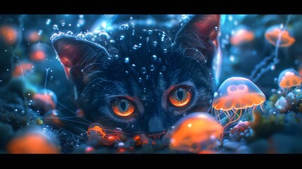 Serene Scottish Fold Cat Surrounded by Glowing Jellyfish in Deep-Sea Exploration