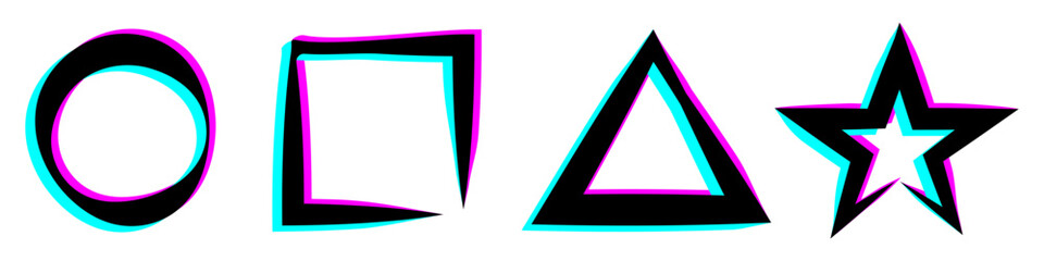 Cool rave glitch square, circle, triangle and star shapes. Modern icons set for design. Flat style illustration isolated on white background. Vector EPS 10