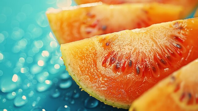  A Group Of Slices Of Watermelon Sitting On Top Of A Blue And Green Counter Top With Drops Of Water On It.