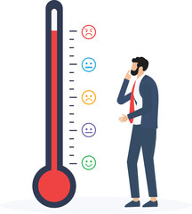 Man near the thermometer emotional scale difference, emotional overload, stress level, burnout, increased productivity, tiring, boring, positive, frustration employee in job

