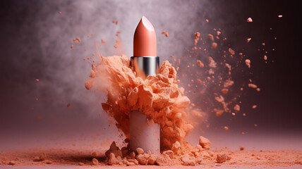Generative AI, Apricot color lipstick, orange powder splashes and smoke with copy space.