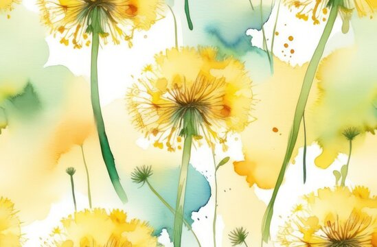 Dandelion flowers painted in watercolor