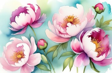 Obraz na płótnie Canvas Peonies flowers painted in watercolor