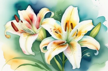 Lily flowers painted in watercolor