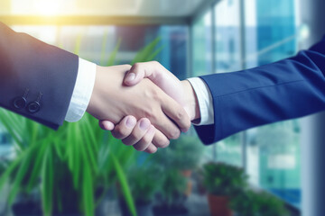 Two professionals in a handshake, signifying a business agreement with a blurred natural backdrop.