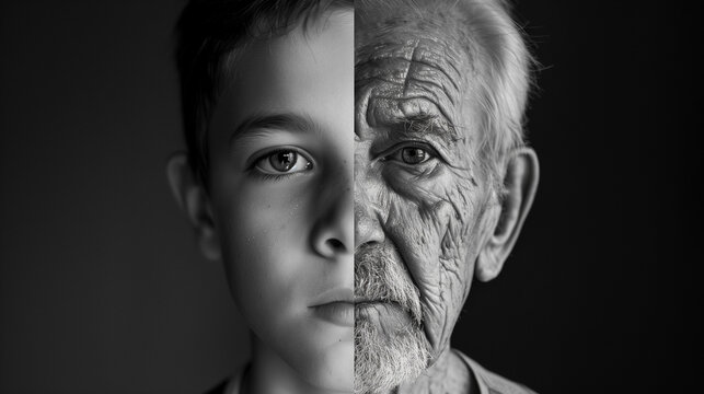 Black and white illustration of a child and an old man in on picture. Splitted picture. Comparison to the past and present. AI GeneratedAI Generated