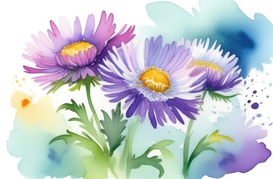 Aster flowers painted in watercolor