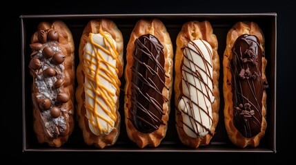 Generative AI, Assortment of eclairs, top view, sweet food. Traditional french dessert