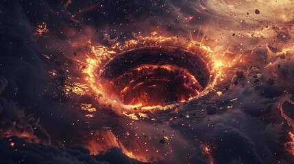 Black hole with fire emanating from its edges representing the volatile nature of cosmic phenomena - obrazy, fototapety, plakaty