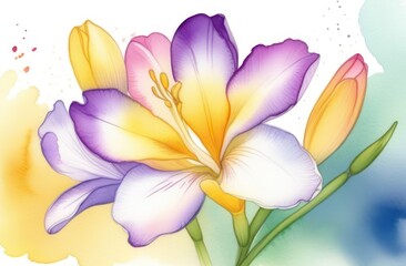 Freesia flowers painted in watercolor
