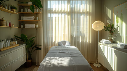Beauty salon room with a candid angle, Massage table, flos arco floor lamp. morning light streaming through sheer curtains. AI Generated - obrazy, fototapety, plakaty