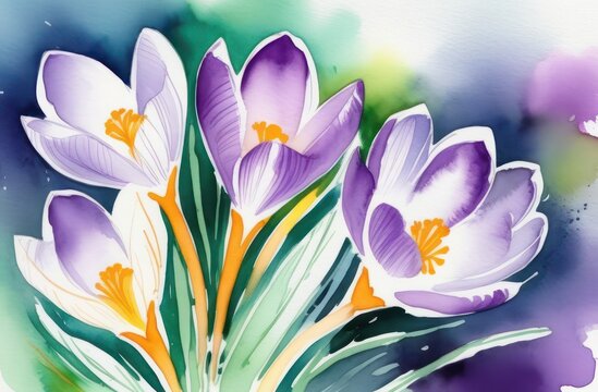 Crocus flowers painted in watercolor