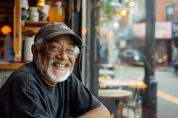 Obraz premium photo of &nbsp;old man Sitting smiling by the window of a coffee shop American style