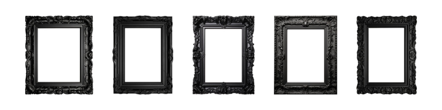 Collection of antique black rectangular frames isolated on a transparent background, PNG