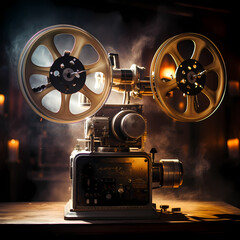 Vintage film projector with film reels spinning. - obrazy, fototapety, plakaty