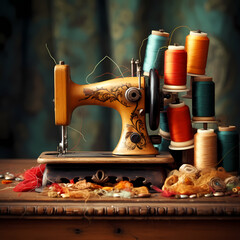 Vintage sewing machine and spools of thread.