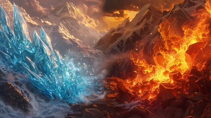 Crystal ice and roaring fire facing off in a dramatic showdown highlighting natures elemental conflict