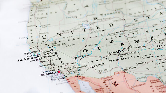 Los Angeles, United States - March 5, 2024: West Coast map. Closeup macro view of West and Midwest of United States of America