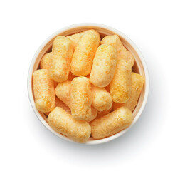 Top view of puffed corn snack in ceramic bowl