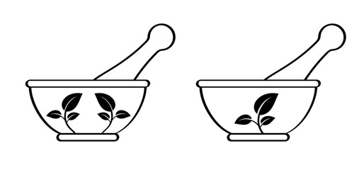 Mortar to grind herbs and leaf. Kitchenware icon. Mortars, pestle with leaves. Mixing herbal medicine icon. Pharmacy logo. Mortar and pusher for herb grinding. Medicine bowl. Healthy food, meal concep - obrazy, fototapety, plakaty