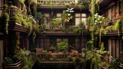 Generative AI, beautiful balcony surrounded by a tropical style garden, blooming flowers and green plants
