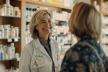 Happy senior pharmacist talks to her female customer in pharmacy