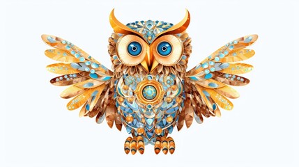 Generative AI, beautiful colorful owl brooch, opal stone and golden color palette isolated on white background. Bijouterie, jewelry close up.