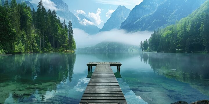 Beautiful calm lake and dark emerald forest ashore