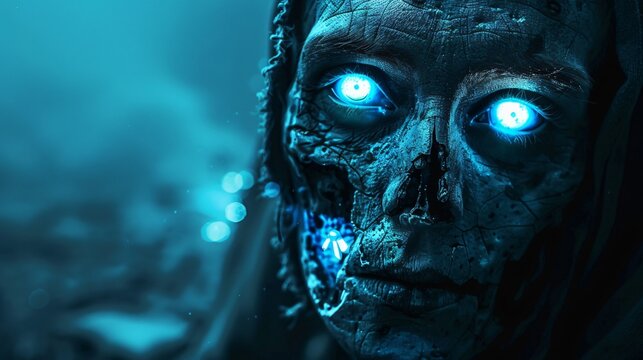 Digital zombie with glowing blue eyes representing the haunting consequences of excessive screen time