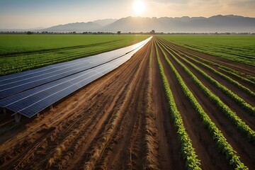 plowed field in spring with solar panels - obrazy, fototapety, plakaty
