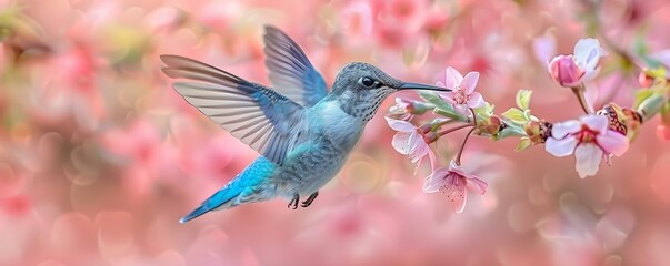 Fototapeta premium A hummingbird a blur of iridescence feeds gracefully from a delicate blossom capturing the essence of natures delicate and intricate interactions. Concept Nature, Hummingbird, Blossom