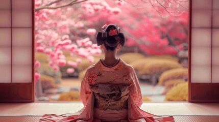 Japanese woman in Kimono, facing Cherry Blossom Spring
