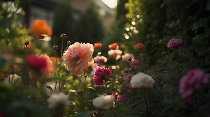Generative AI, Beautiful summer private garden with many flowers and plants, nature landscape, english countryside cottage style