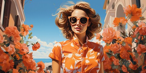 Generative AI, beautiful woman in the summer cityscape of Italy flat illustration. Beautiful view of street