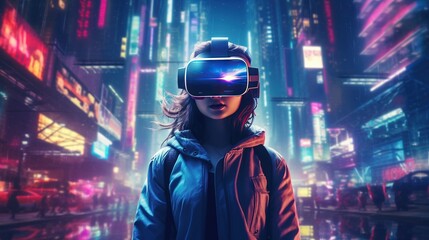 Generative AI, beautiful woman in VR glasses in neon space street, virtual reality headset  in cyberspace