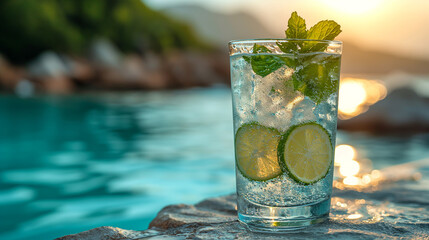 Hard seltzer cocktails. Chilled drinks, beautiful summer beach on background. Summer cocktails, beach bar concept. Refreshing drink berries fruits chilled. 