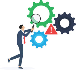 Search for a problem and find a solution or answer for a business problem concept, a businessman using a magnifying glass to search for a problem. Problem and root cause analysis


